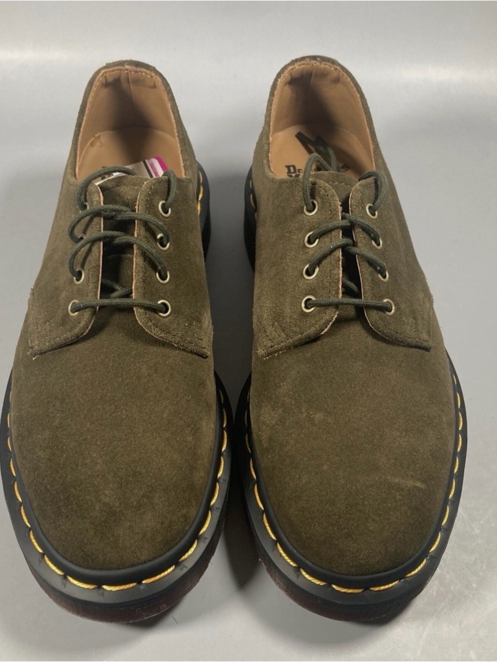 Dr. Martens Olive Suede 3-Eye Derby with Yellow Stitching